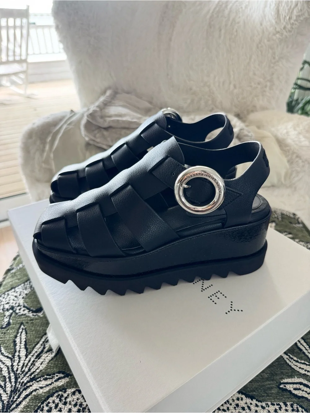 Stella McCartney Elyse Black Wedge Fisherman Sandals with Silver Buckle